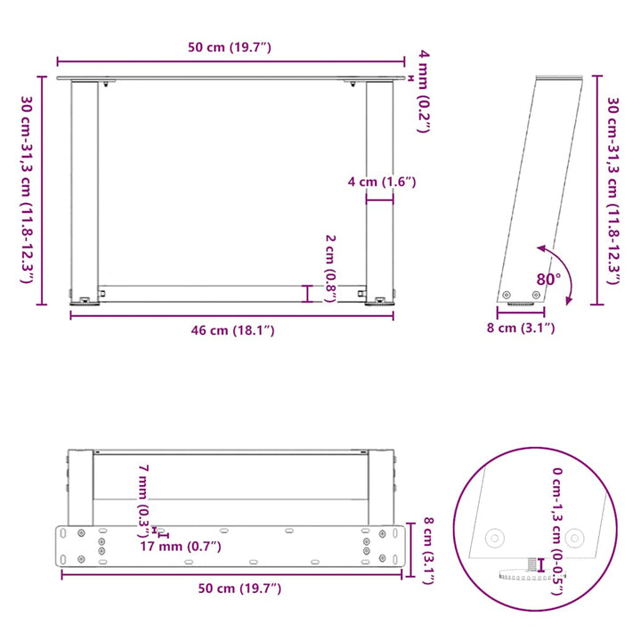 sofabordsben U-formet 2 stk. naturstål 50x(30-31) cm stål