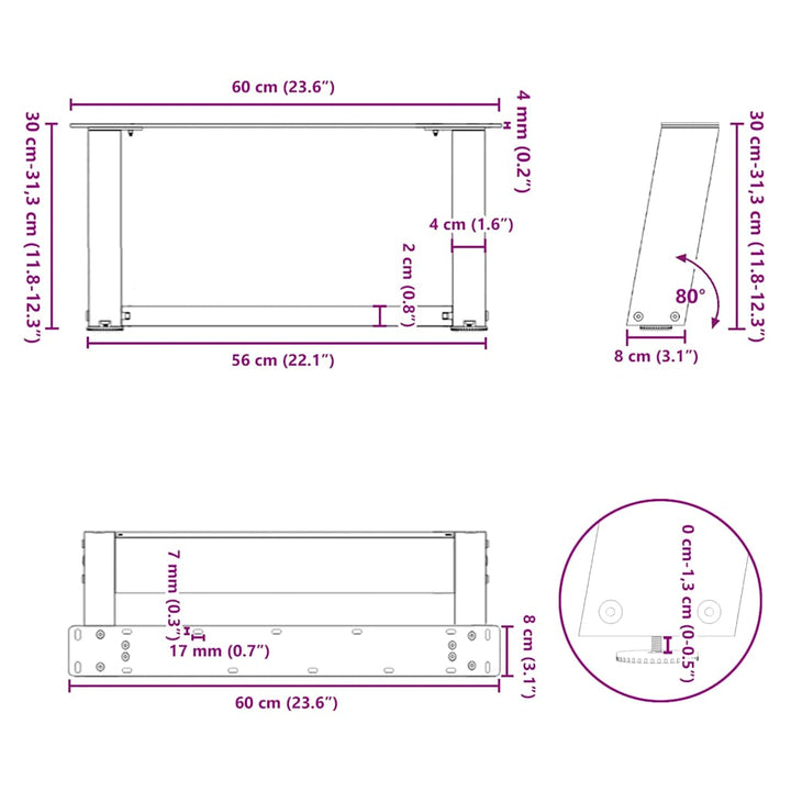 sofabordsben U-formet 2 stk. naturstål 60x(30-31) cm stål