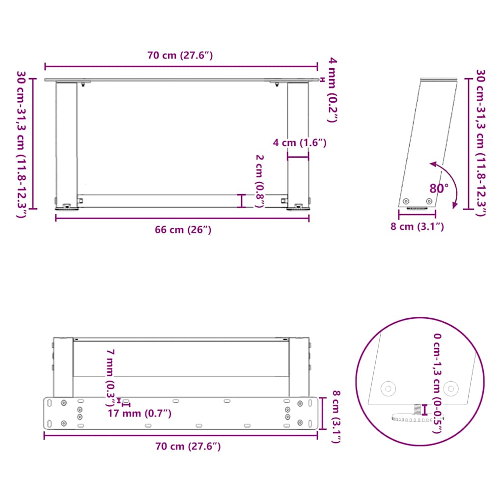 sofabordsben U-formet 2 stk. hvid 70x(30-31) cm stål