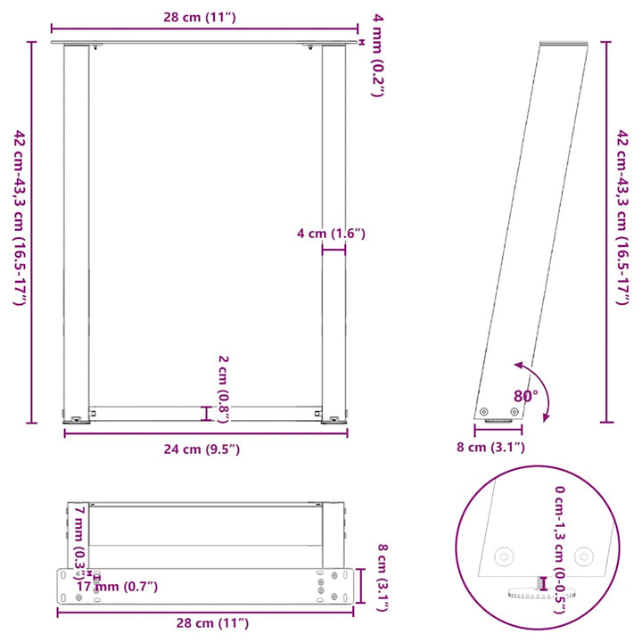sofabordsben U-formet 2 stk. naturstål 28 x (42-43) cm stål