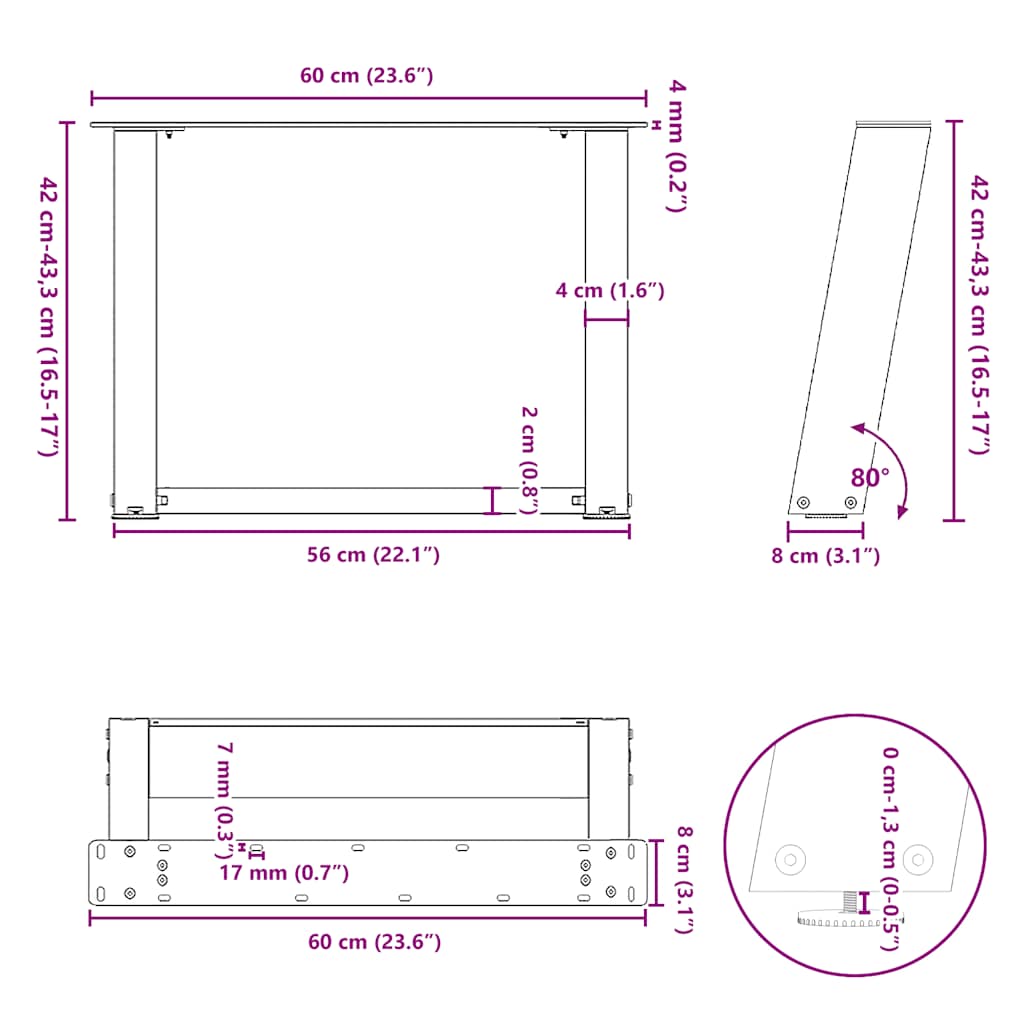 sofabordsben U-formet 2 stk. sort 60 x (42-43) cm stål