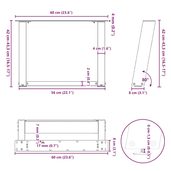sofabordsben U-formet 2 stk. sort 60 x (42-43) cm stål