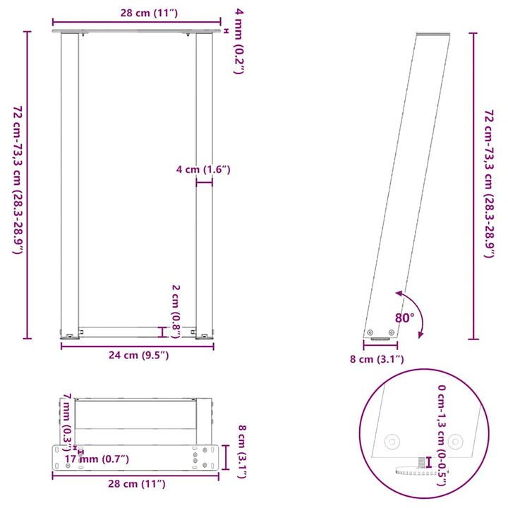 konsolbordben U-formet 2 stk. hvid 28 x (72-73) cm stål