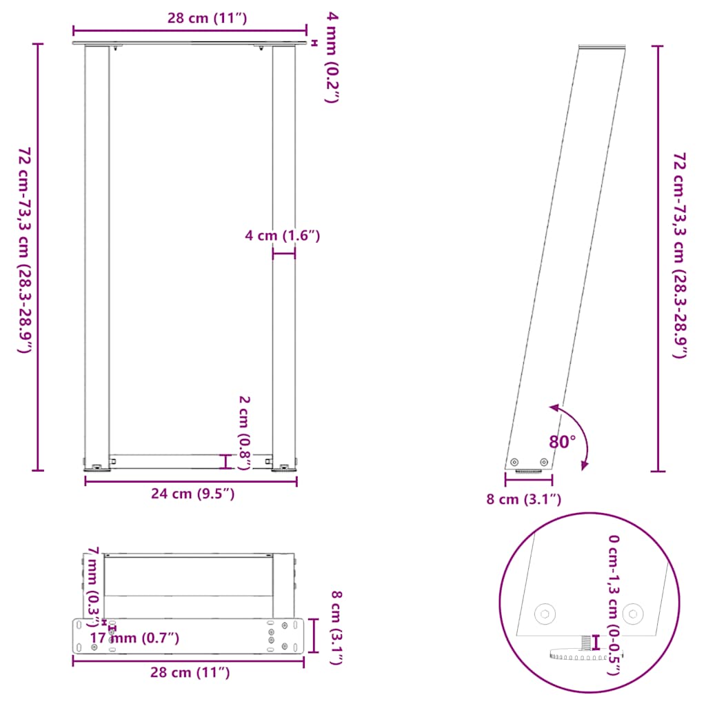 konsolbordben U-formet 2 stk. naturstål 28 x (72-73) cm stål
