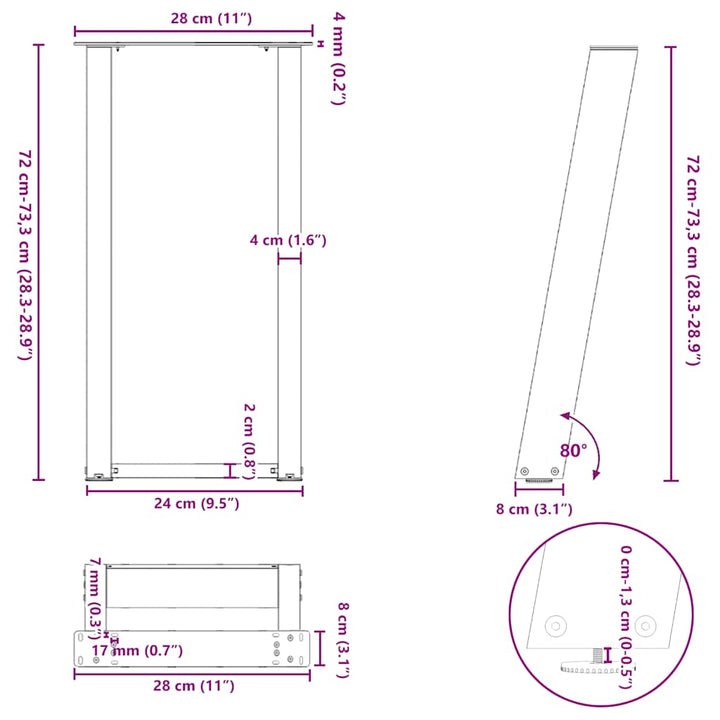 konsolbordben U-formet 2 stk. naturstål 28 x (72-73) cm stål