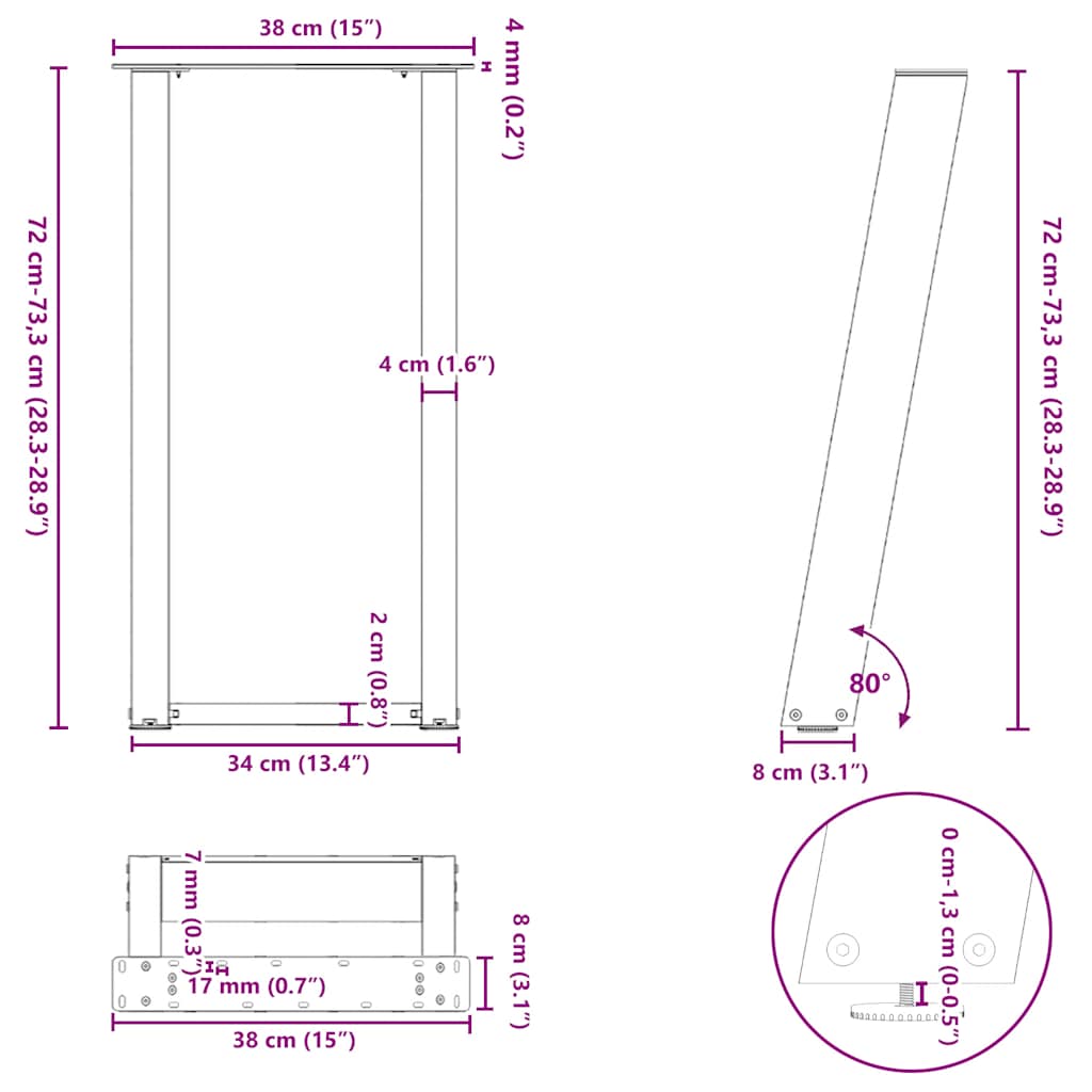 konsolbordben U-formet 2 stk. sort 38 x (72-73) cm stål