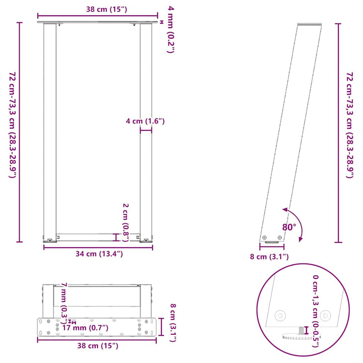 konsolbordben U-formet 2 stk. antracit 38 x (72-73) cm stål