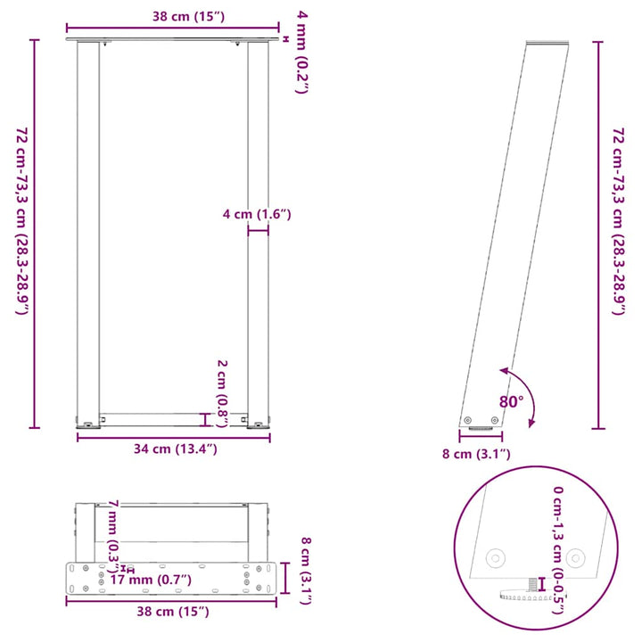 konsolbordben U-formet 2 stk. naturstål 38 x (72-73) cm stål