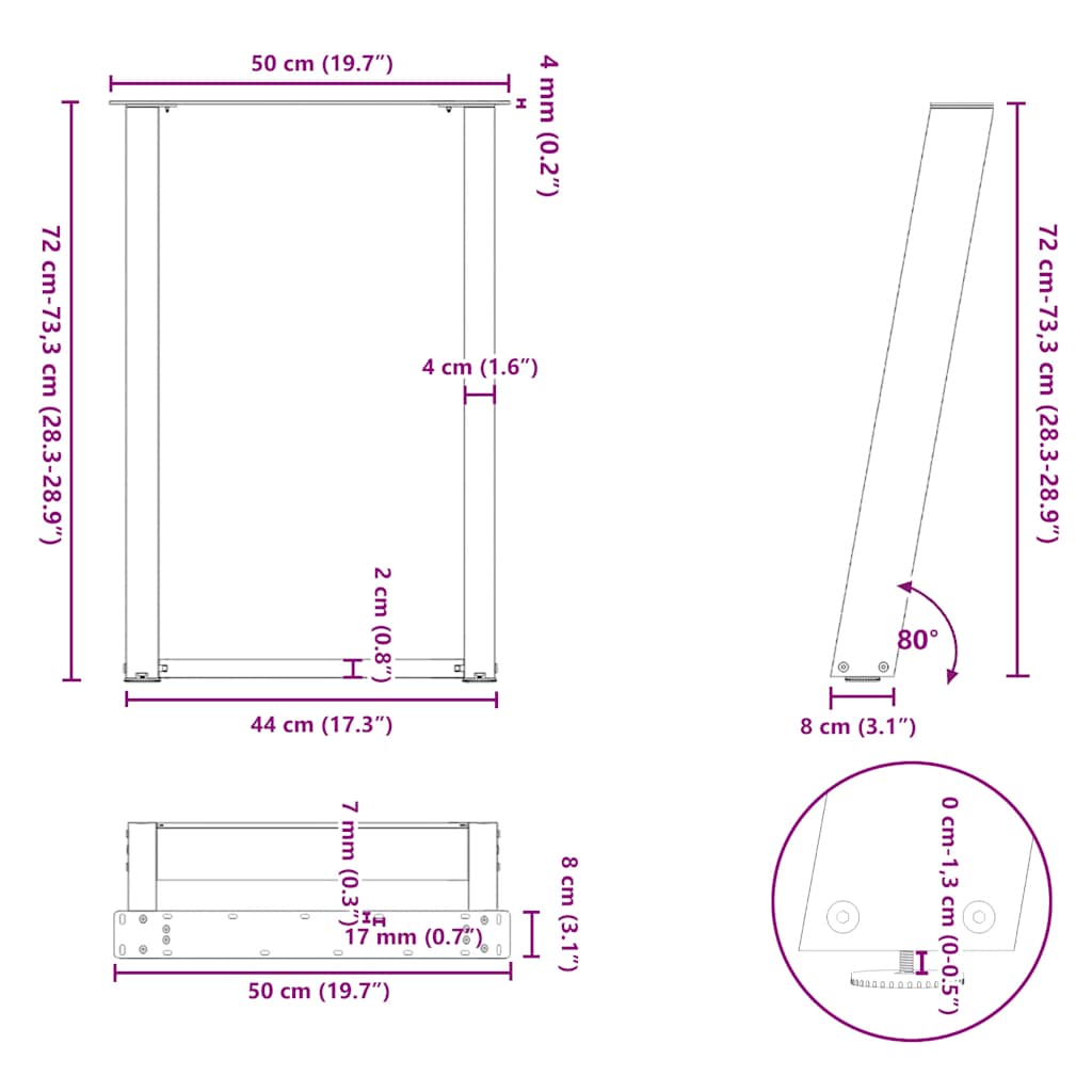 spisebordsben U-formet 2 stk. sort 50x(72-73) cm stål