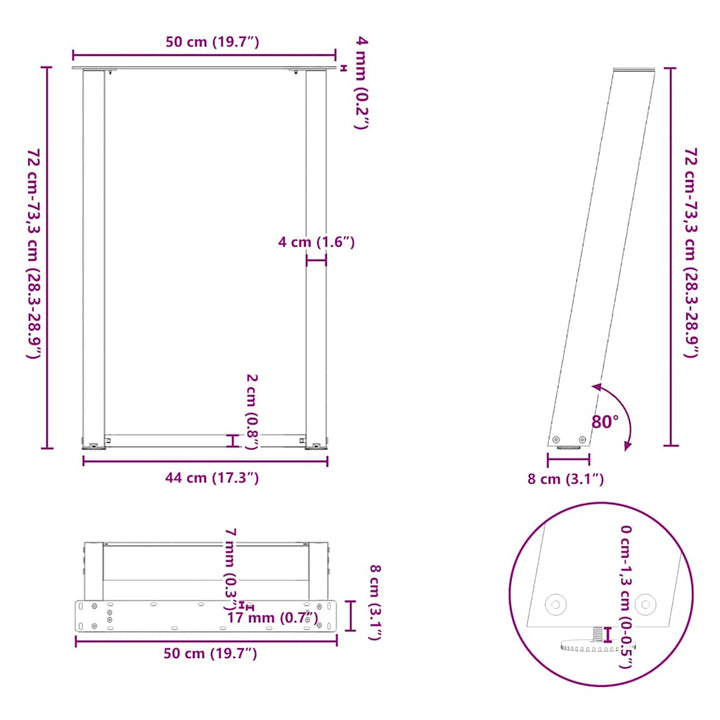spisebordsben U-formet 2 stk. hvid 50x(72-73) cm stål