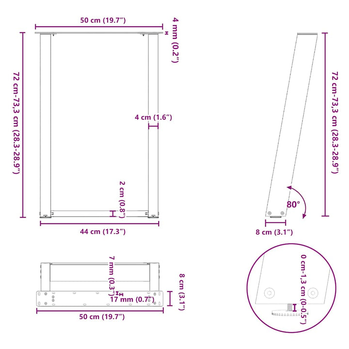 spisebordsben U-formet 2 stk. antracit 50x(72-73) cm stål