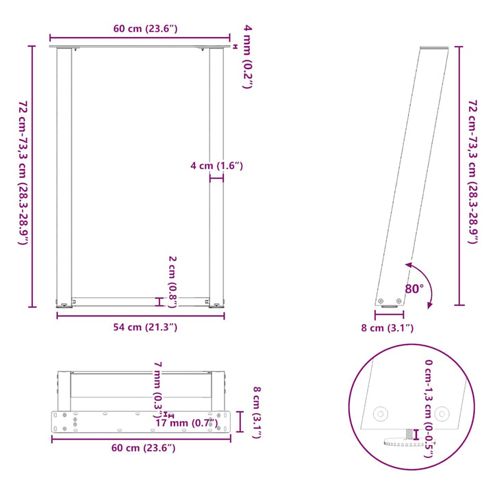 spisebordsben U-formet 2 stk. naturstål 60 x (72-73) cm stål