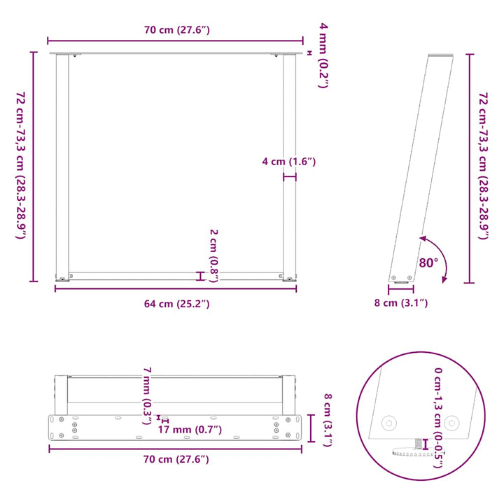 spisebordsben U-formet 2 stk. antracit 70 x (72-73) cm stål