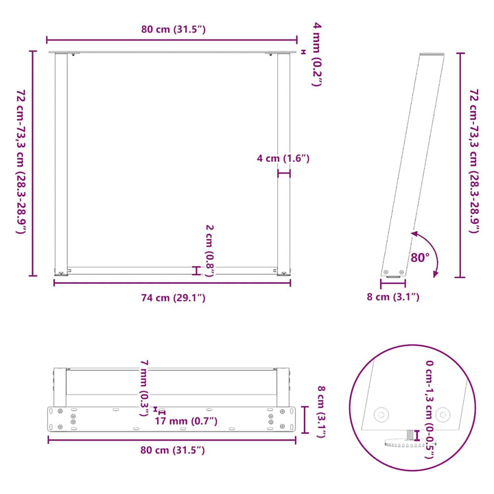 spisebordsben U-formet 2 stk. hvid 80x(72-73) cm stål