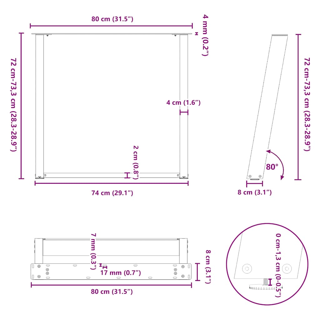 spisebordsben U-formet 2 stk. antracit 80x(72-73) cm stål