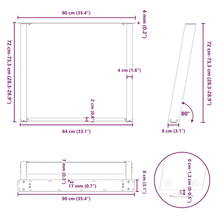 spisebordsben U-formet 2 stk. antracit 90x(72-73) cm stål