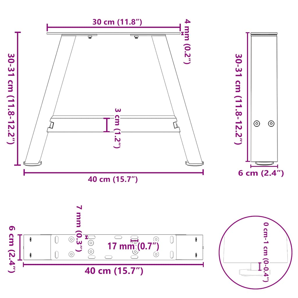 sofabordsben A-formet 2 stk. 40x(30-31) cm stål