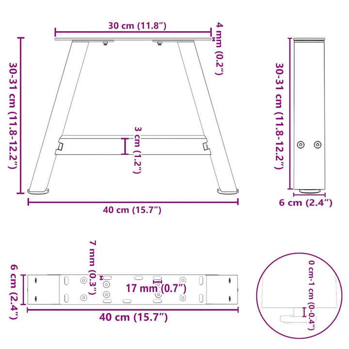 sofabordsben A-formet 2 stk. 40x(30-31) cm stål