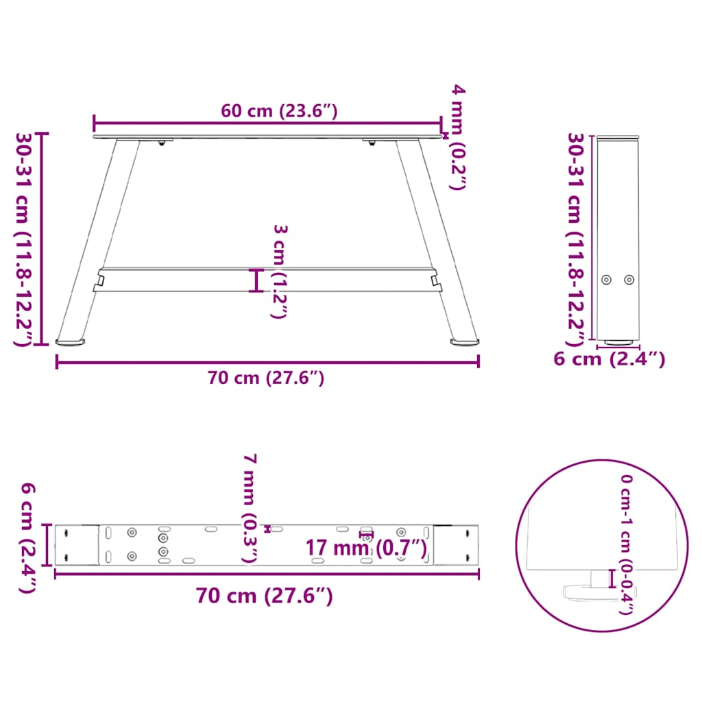 sofabordsben A-formet 2 stk. hvid 70x(30-31) cm stål