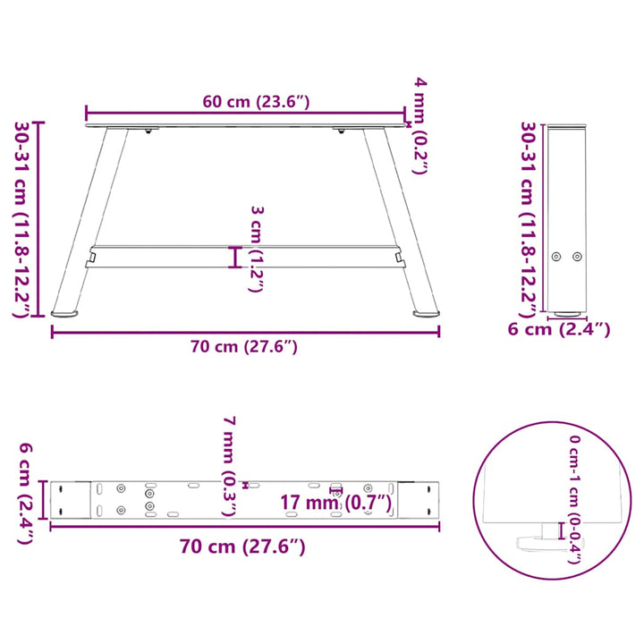 sofabordsben A-formet 2 stk. hvid 70x(30-31) cm stål