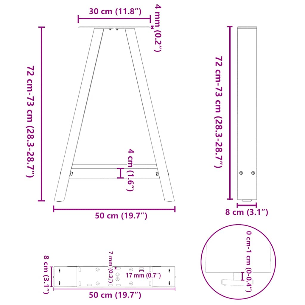 spisebordsben A-formet 2 stk. sort 50x(72-73) cm stål