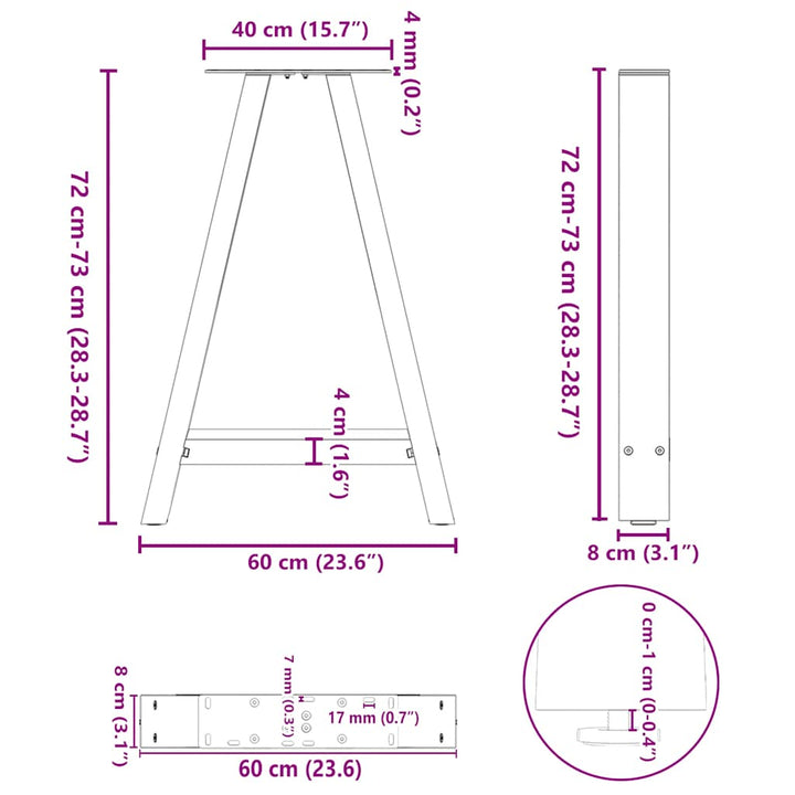 spisebordsben A-formet 2 stk. 60 x (72-73) cm stål