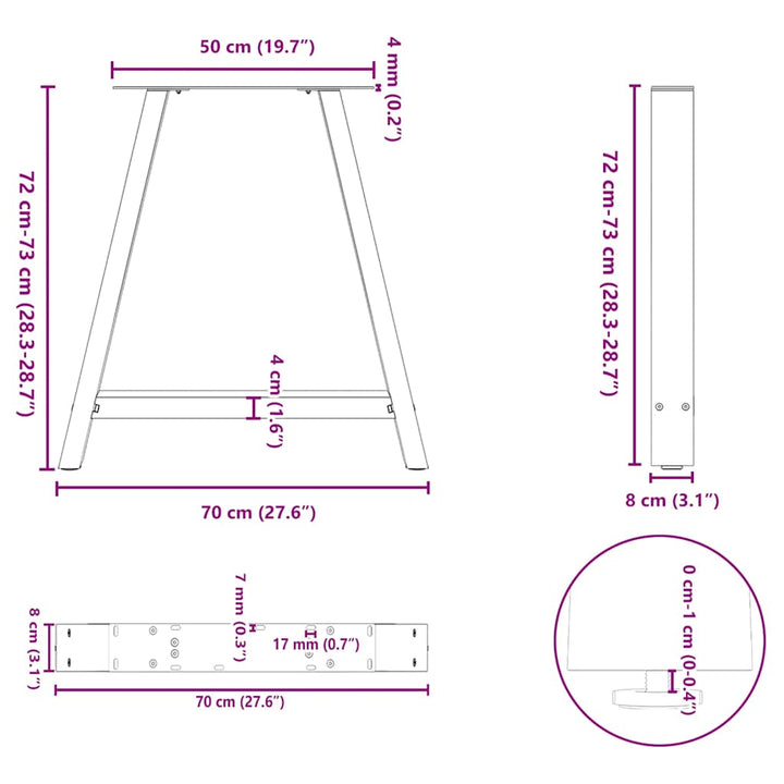 spisebordsben A-formet 2 stk. antracit 70 x (72-73) cm stål