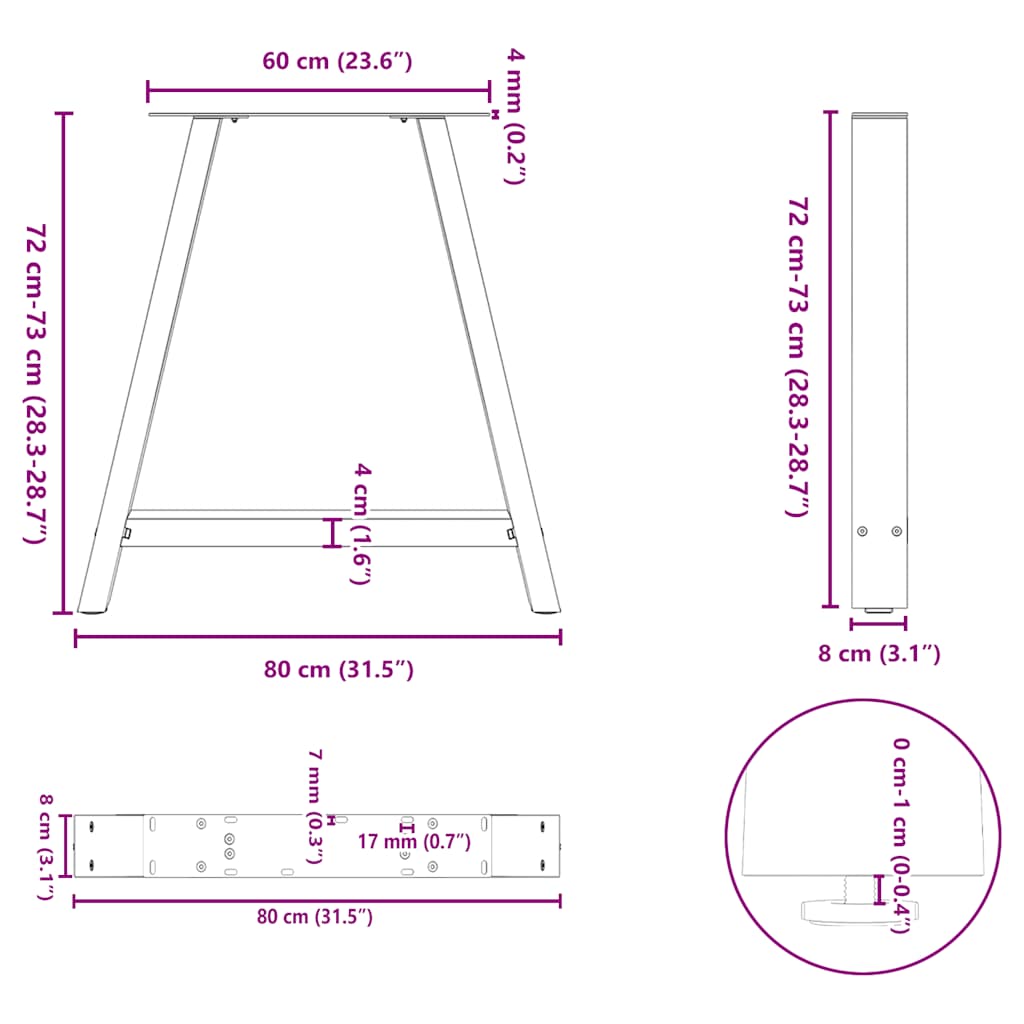 spisebordsben A-formet 2 stk. 80x(72-73) cm stål