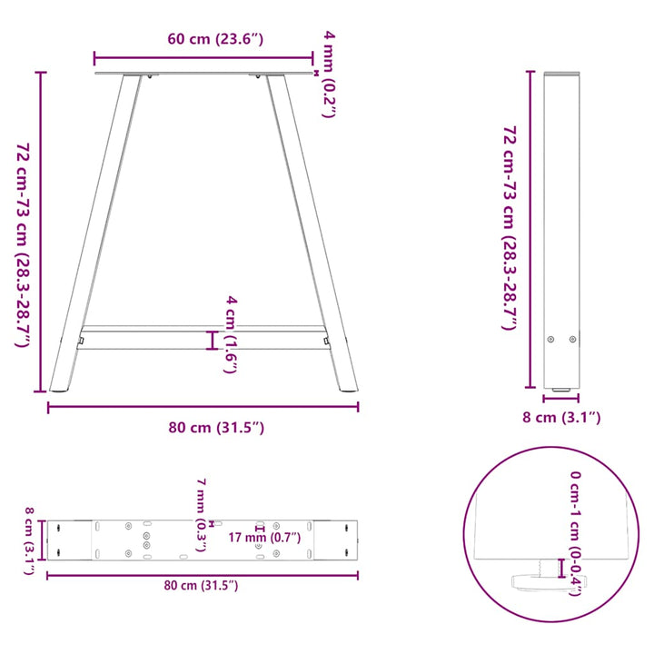 spisebordsben A-formet 2 stk. 80x(72-73) cm stål