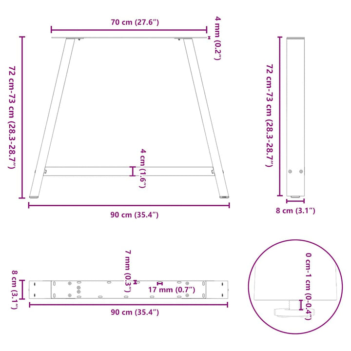 spisebordsben A-formet 2 stk. antracit 90x(72-73) cm stål