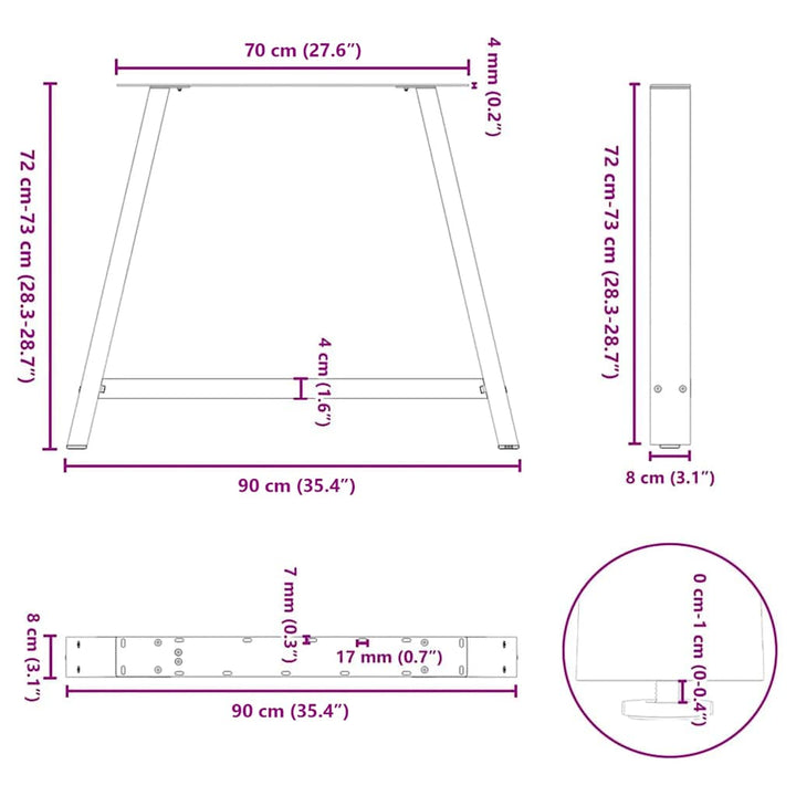 spisebordsben A-formet 2 stk. 90 x (72-73) cm stål
