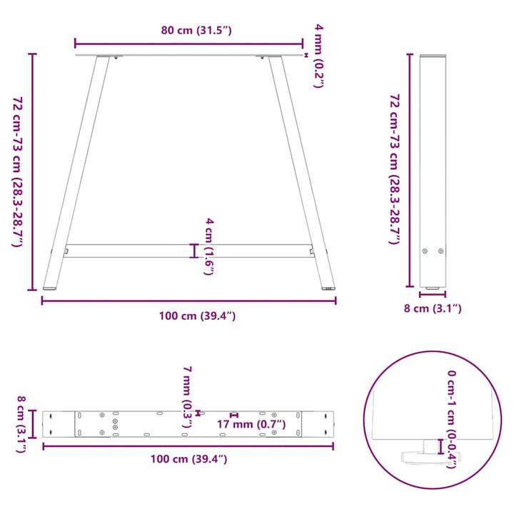 spisebordsben A-formet 2 stk. antracit 100x(72-73) cm stål