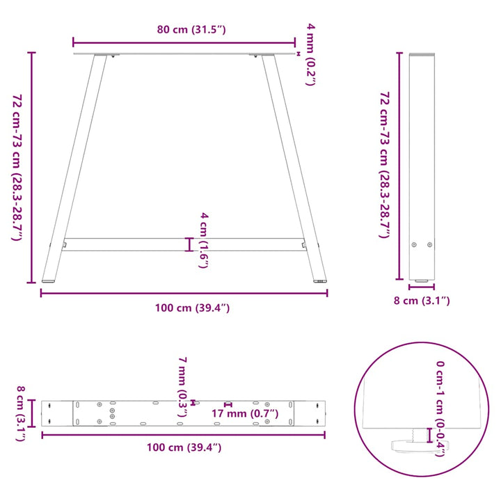 spisebordsben A-formet 2 stk. 100x(72-73) cm stål