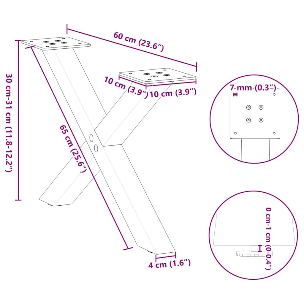 sofabordsben X-formet 2 stk. hvid 60x(30-31) cm stål