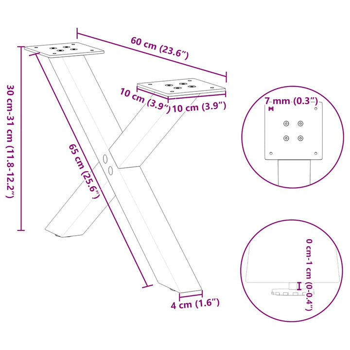 sofabordsben X-formet 2 stk. naturstål 60x(30-31) cm stål
