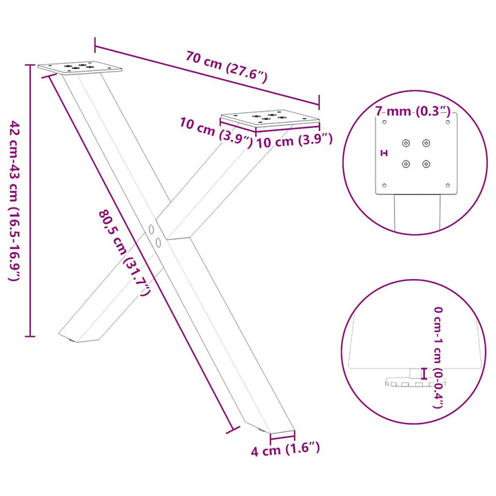 sofabordsben X-formet 2 stk. hvid 70 x (42-43) cm stål