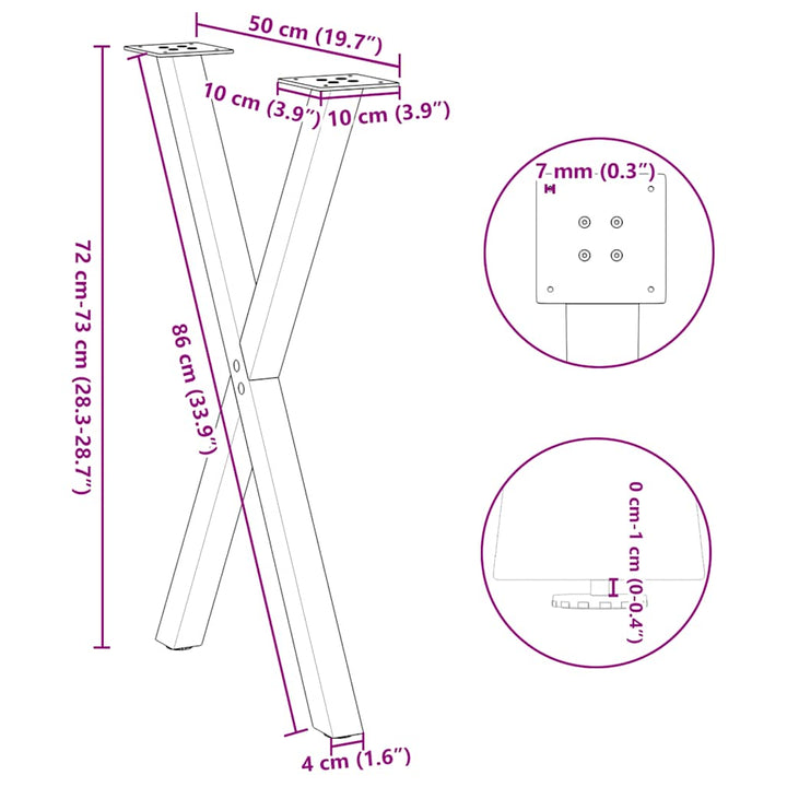 spisebordsben X-formet 2 stk. naturstål 50x(72-73) cm stål