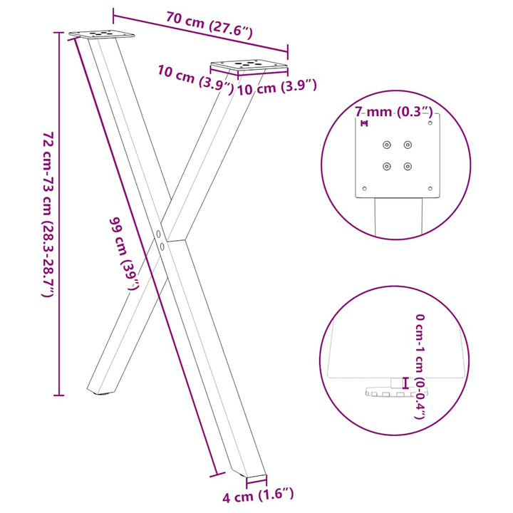 spisebordsben X-formet 2 stk. antracit 70 x (72-73) cm stål