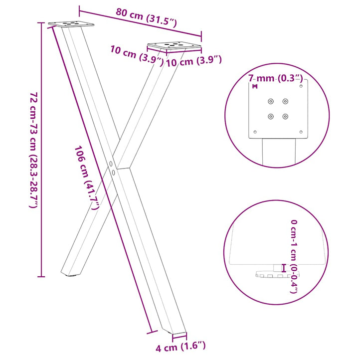 spisebordsben X-formet 2 stk. naturstål 80x(72-73) cm stål