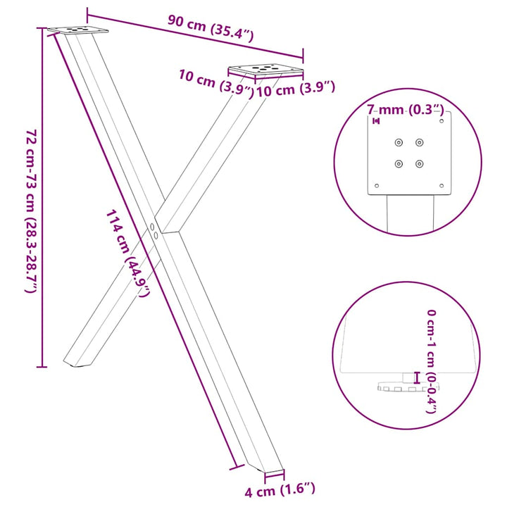 spisebordsben X-formet 2 stk. naturstål 90x(72-73) cm stål