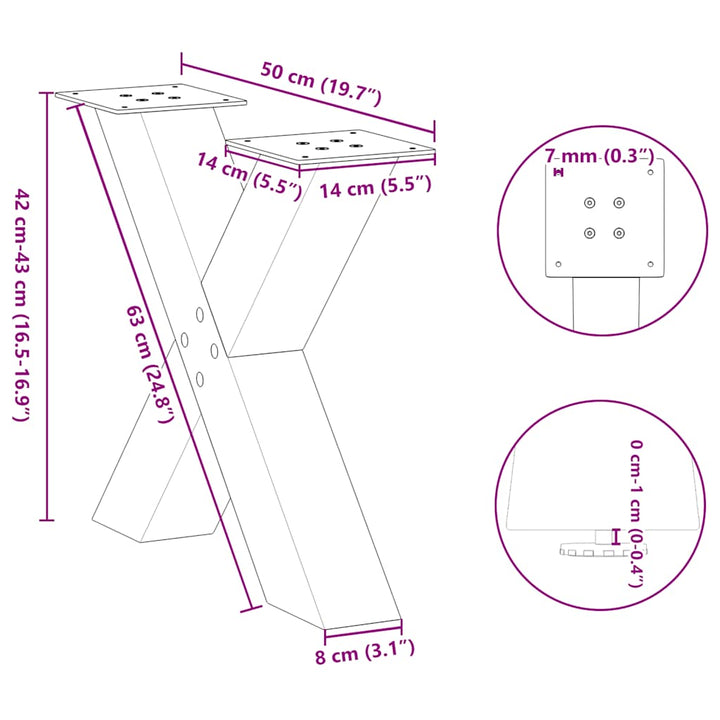 sofabordsben X-formet 2 stk. antracit 50x(42-43) cm stål
