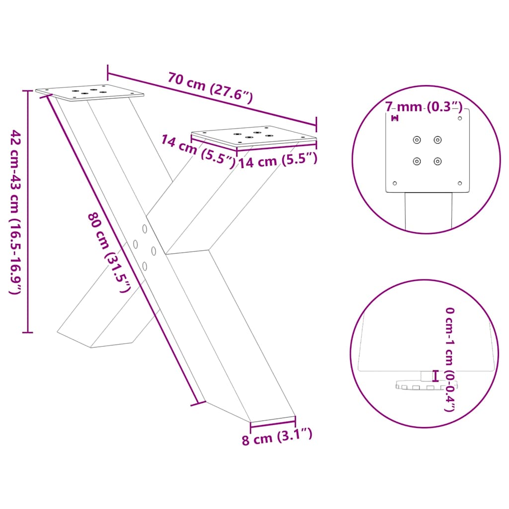 sofabordsben X-formet 2 stk. naturstål 70 x (42-43) cm stål