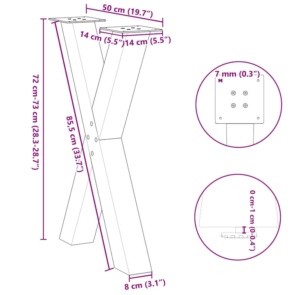 spisebordsben X-formet 2 stk. hvid 50x(72-73) cm stål