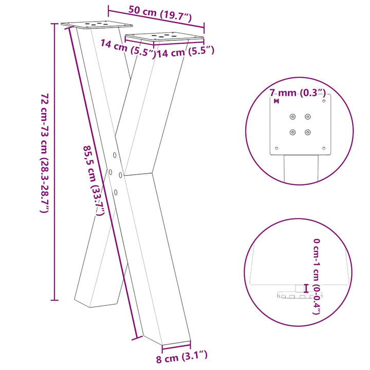 spisebordsben X-formet 2 stk. naturstål 50x(72-73) cm stål