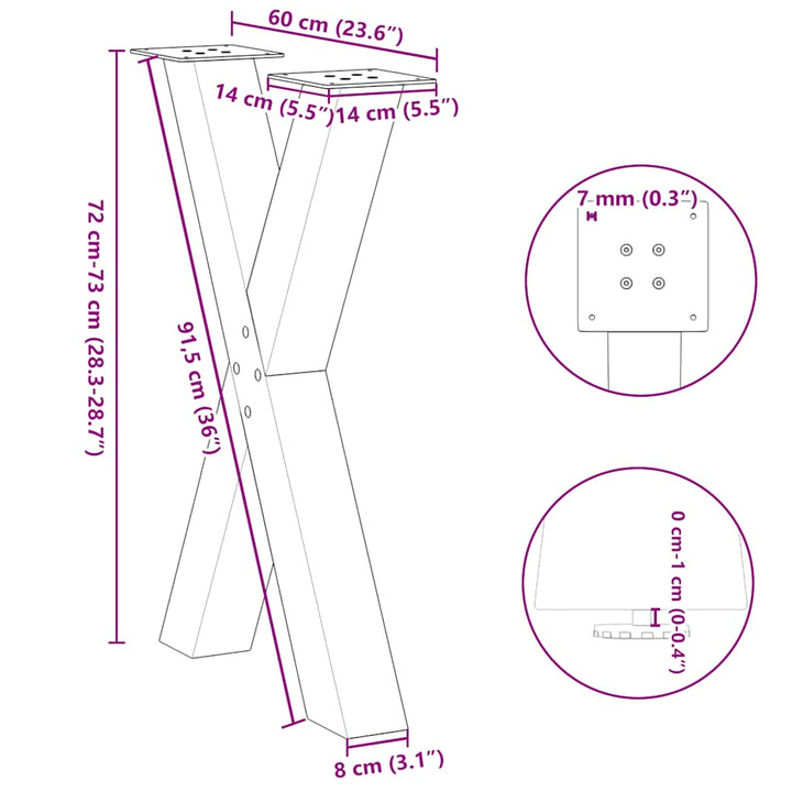 spisebordsben X-formet 2 stk. naturstål 60 x (72-73) cm stål