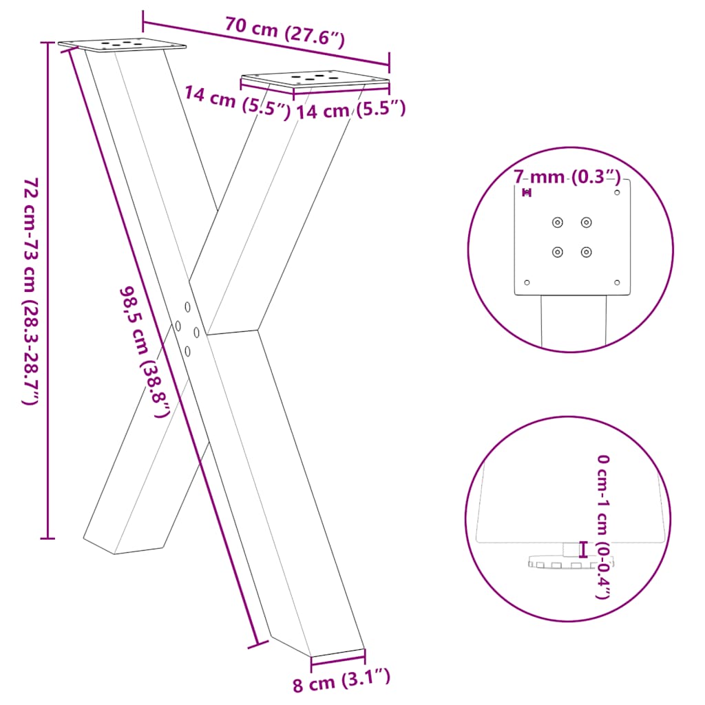 spisebordsben X-formet 2 stk. antracit 70 x (72-73) cm stål