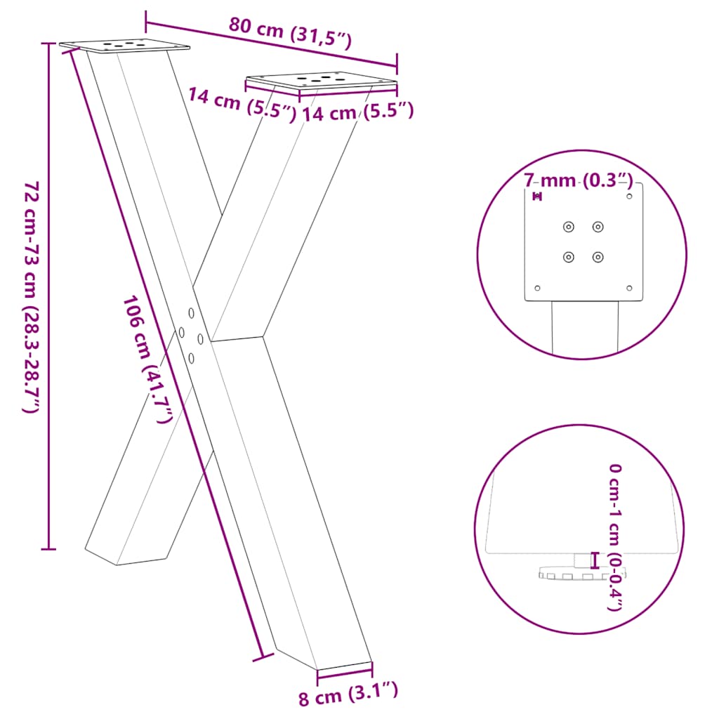 spisebordsben X-formet 2 stk. sort 80x(72-73) cm stål