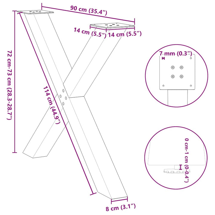 spisebordsben X-formet 2 stk. naturstål 90x(72-73) cm stål