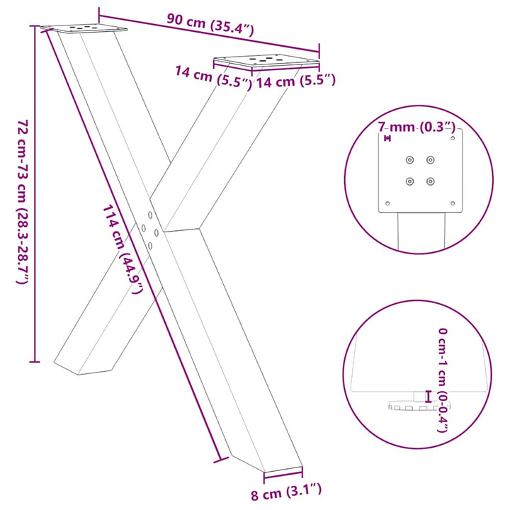 spisebordsben X-formet 3 stk. sort 90 x (72-73) cm stål