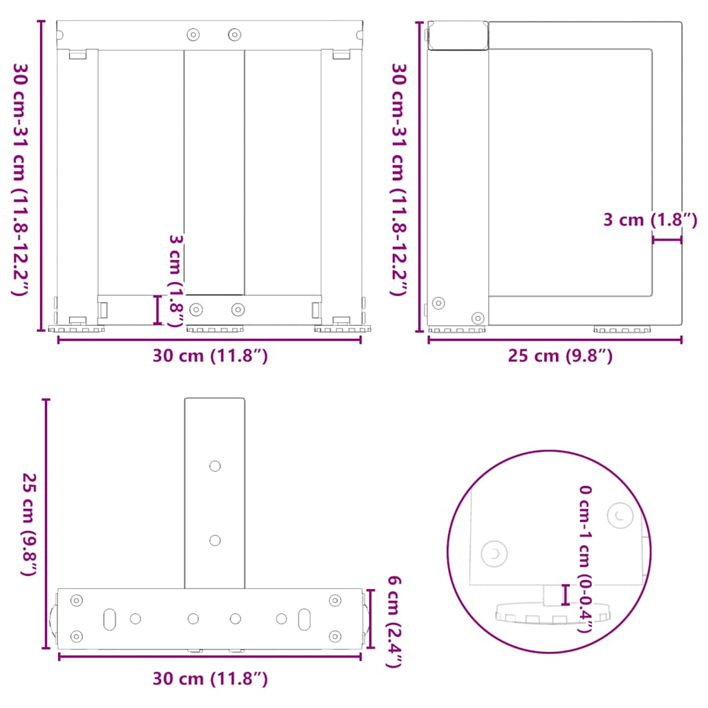 sofabordsben T-formet 2 stk. sort 30x25x(30-31) cm stål
